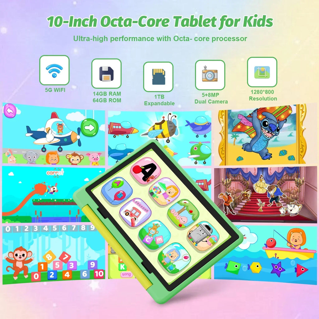 Smart-Tablet für Kinder – 10-Zoll-Display, Android 15, Octa-Core-Prozessor, WLAN, 5000-mAh-Akku und Kindersicherungsfunktionen