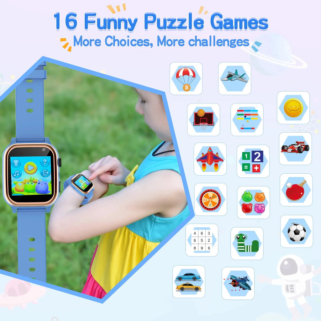Interaktive Smartwatch für Kinder – 16 Puzzlespiele, Musik, Kamera, Schrittzähler &amp; Taschenrechner